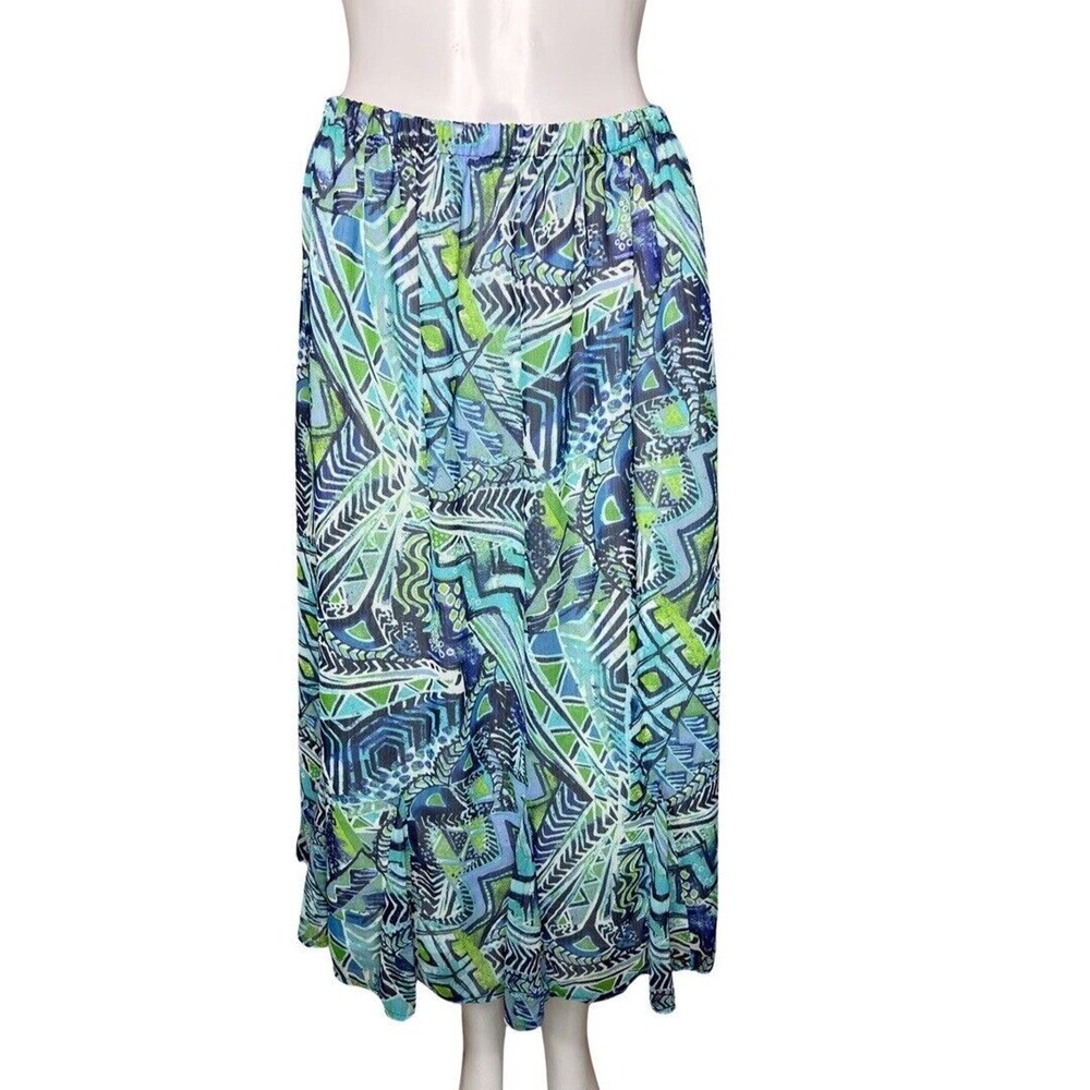 Bonworth‎ Skirt Womens Medium Petite Blue Green Geometric Midi Casual Office